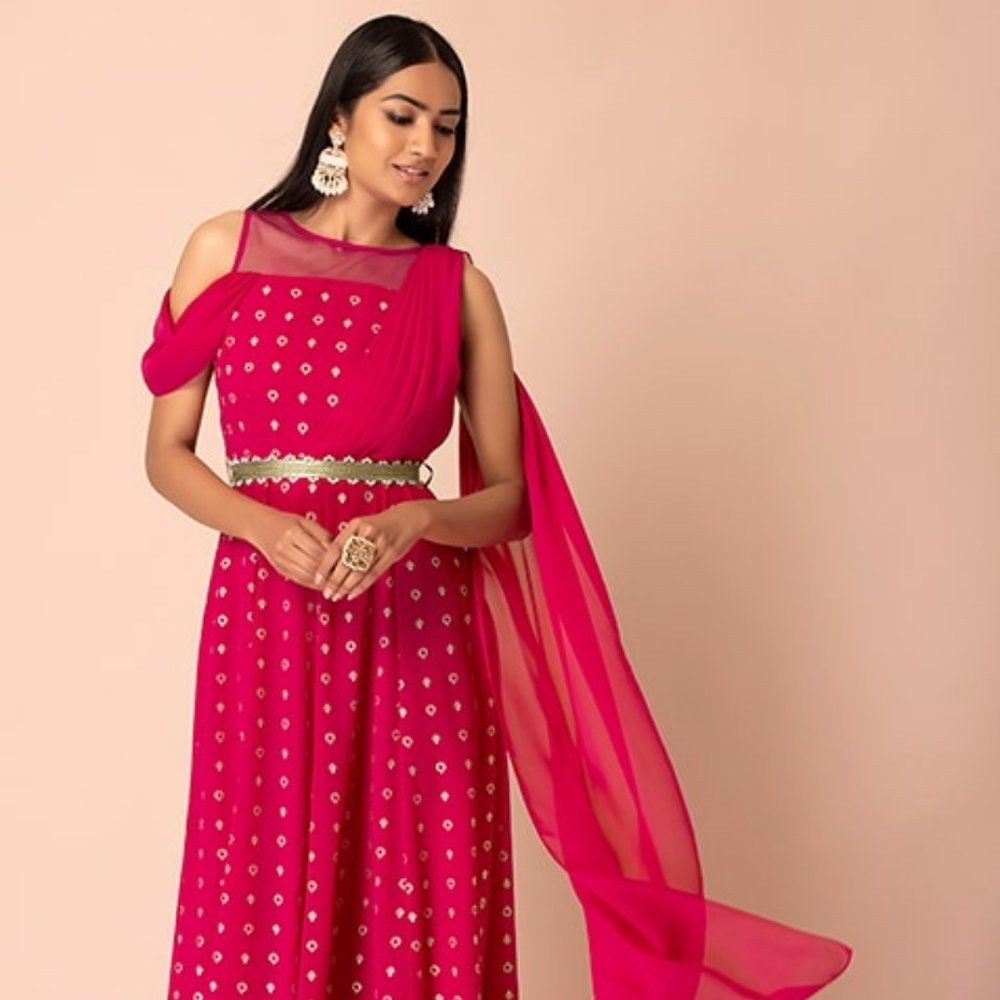Hot Pink Foil Belted Maxi Kurta with Attached Dupatta